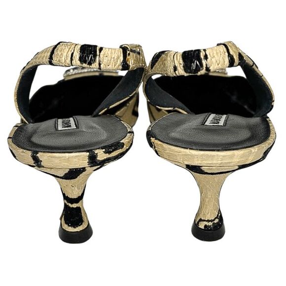 Manolo Blahnik Slingback Snakeskin Heels Black Crystal Buckle Beige Print 39.5 - Picture 7 of 13
